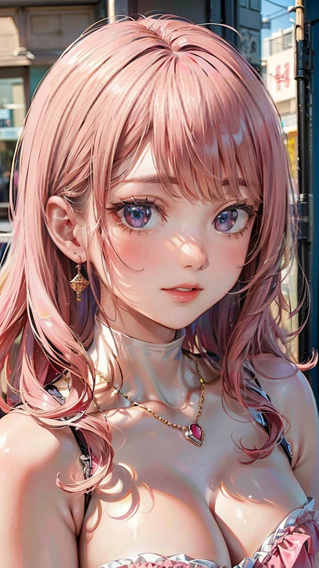 (Masterpiece, BestQuality:1.3), (ultra detailed:1.2), (hyperrealistic:1.3), (RAW photo:1.2), High detail RAW color photo, professional photograph, (Photorealistic:1.4), (realistic:1.4), professional lighting, perfect anatomy, (Pink Hair, Big Breasts:1.2), (blush, detailed face), (cheerful Smile:1.5), Trending Hair&Trending Hairカラーをランダムに, earrings, necklace, bracelet, sexy, erotic sexy, Random sexy gravure poses, (ロックテイストのジャケットを着たPink Hairの美女が、He has a cool look on his face in front of the live music venue.。She is smiling confidently。:1.3)