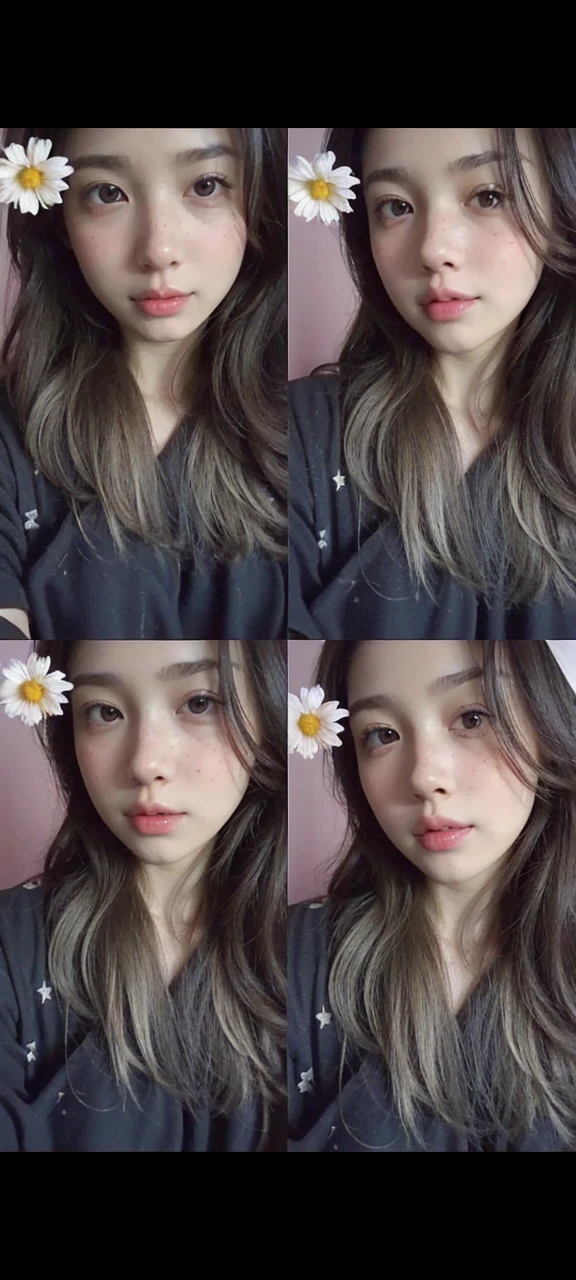 A beautiful girl with dark brown curly hair, a star-shaped clip in her white-brown hair, light-colored pretty teary eyes, a cute and teary nose, rosy lips in a heart and cupid shape, lovely pale skin with freckles all over her face, a soft pink blush on her cheeks, wearing soft and pink makeup, a charming necklace, similar to Yumeko Jabami, wearing a top with black and white stripes, a brown gothic-style mini skirt, with a slim and attractive bare abdomen, large soft beautiful breasts, taken from the ground, a sexy and lovely photo, looking at the camera, a beautiful selfie