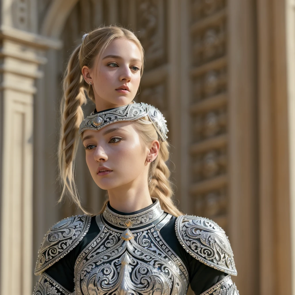(8K, best quality:1.2), (masterpiece:1.37), (photo, photorealistic:1.37), (ultrahigh-res), full body, walking pose, shot from front, slow motion, female paladin wearing the full body, (light silver armour:1.2),(ornately decorated armor), (insanely detailed, bloom:1.5), (highest quality, Alessandro Casagrande, Greg Rutkowski, Sally Mann, concept art, 4k), (analog:1.2), (high sharpness), (detailed pupils:1.1), detailed face and eyes, Masterpiece, best quality, (highly detailed photo:1.1), (long blonde Hair, ponytail,ecstatic:1.1), (young woman:1.1), sharp, (perfect body:1.1), realistic, real shadow, 3d, (temple background:1.2), (by Michelangelo), photographed by Canan EOS R6, 135mm, 1/1250s, f/2.8, ISO 400