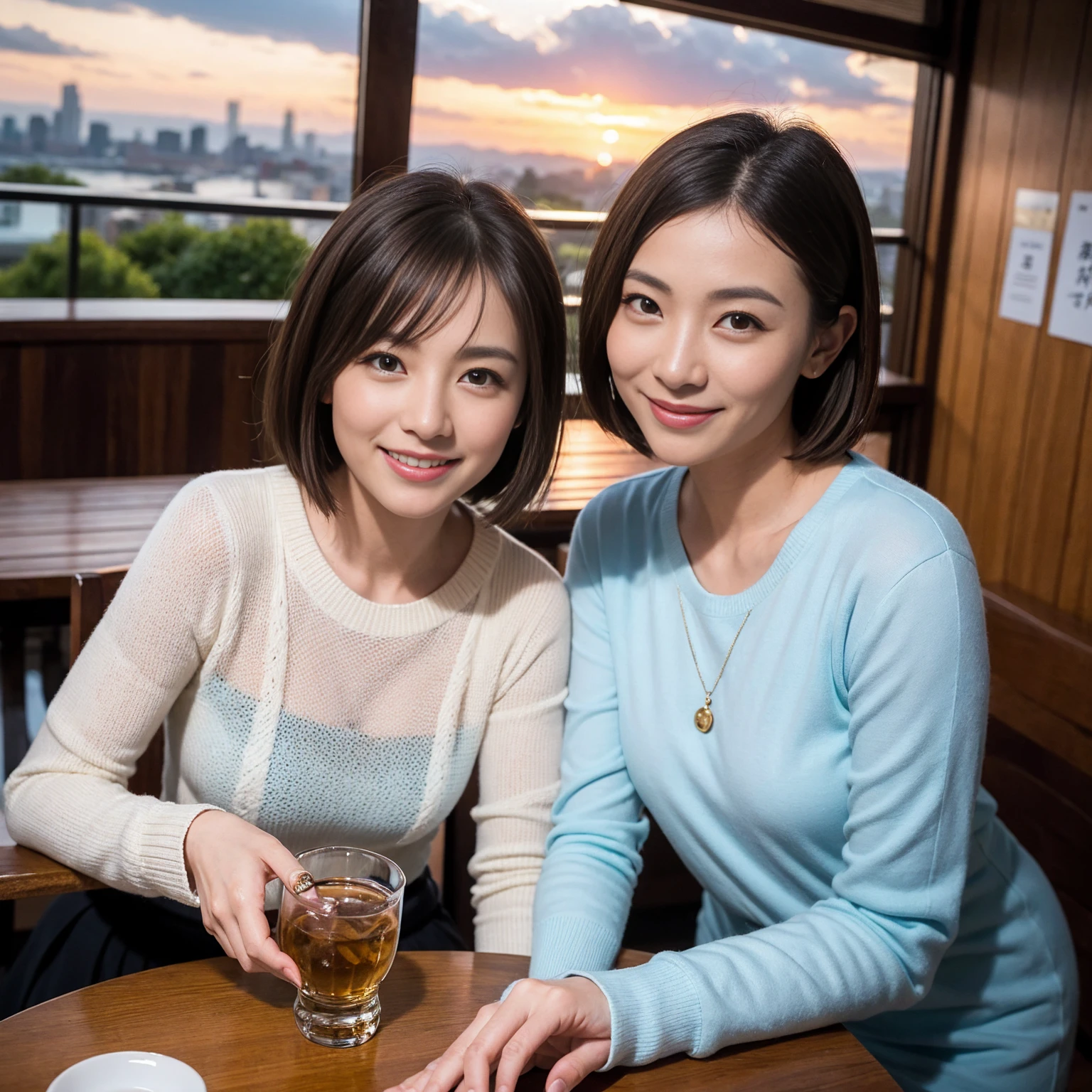 ((Highest quality、8k、masterpiece:1.3))、slimカップル、modelカップル、(Realistic, Intricate details:1.2), sashimi、Tempura、Japanese sake、Shochu 、Amazing view of the sunset sky and clouds、A bright smile、The wonderfulness of smile、Bright image、The beauty of wine, Beautiful Face, blue eyes, The light shines on your face, blush, short hair,Bright Face、 (Age 37), 39 years old, sparkling wine、Two beauties、Brown Hair、Shortcuts、Long sleeve shirt、dress、Beautiful woman 1, (slimな顔), (The body is slim), (Brown Hair), (Shortcuts), cheeks turn a little red,Attractive beauty、restaurant, In a prominent place (From the waist up) Nova Frog Style, actress, model, Upper Body, White wine, slim, smile, (smile: 1.15), Beautiful fine grain, Depth f/2,saturation, High Contrast, Strong light and shadow,Moist Body:1.5、3D texture、Delicate eyes、Brown Hair、The hair is very shiny、