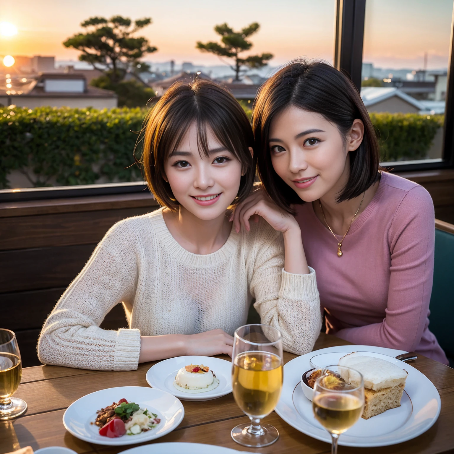 ((highest quality、8k、masterpiece:1.3))、 (Real, Genuine、Face carefully、Bright image、Intricate details:1.2), 最高のsmile、1 male, 1 female、Beautiful couple、Lovers、Japanese couple、A gentle lover、actress、model、smile、full-course dinner、Pink Sweater, Super Fine Face, Delicate eyes, double eyelid,  (Slim face), (the body is slim), (Brown Hair), (short hair), Wine glasses on the table、Please put light on my face、 Amazing view of the sunset sky and clouds、 (42 years old), 39 years old, Long sleeve shirt、dress、Japanese sake,Junmai Ginjo,Sake Glass, Shochu