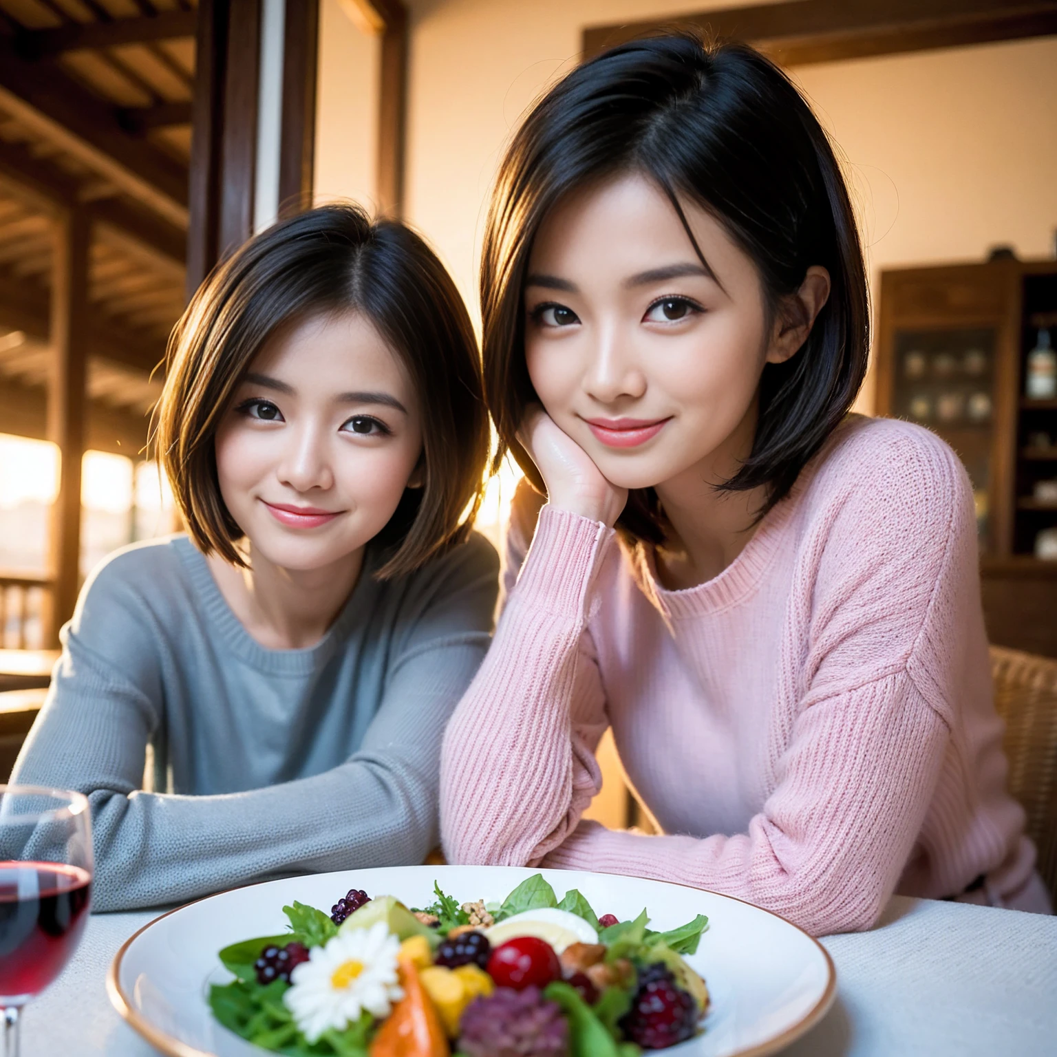 ((highest quality、8k、masterpiece:1.3))、 (Real, Genuine、Face carefully、Bright image、Intricate details:1.2), 最高のsmile、1 male, 1 female、Beautiful couple、Lovers、Japanese couple、A gentle lover、actress、model、smile、full-course dinner、Pink Sweater, Super Fine Face, Delicate eyes, double eyelid, (Slim face), (the body is slim), (Brown Hair), (short hair), Wine glasses on the table、Please put light on my face、 Amazing view of the sunset sky and clouds、 (42 years old), 39 years old, Long sleeve shirt、dress、Japanese sake,Junmai Ginjo,Sake Glass, Shochu