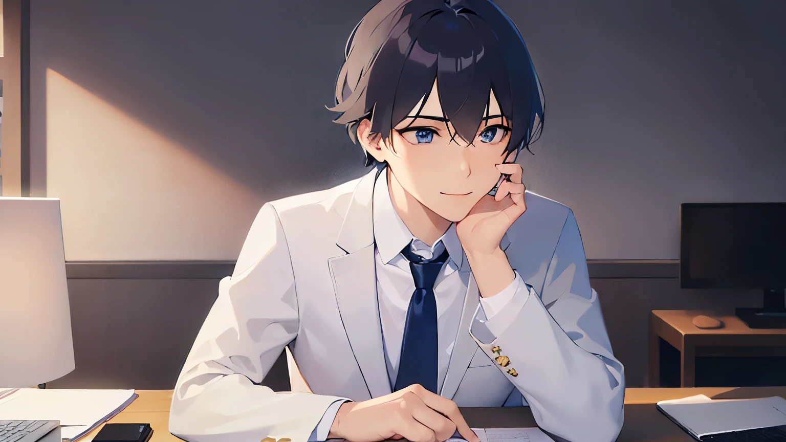(looking away:1.5),Opening a document、upper body、shiny skin, masterpiece、highest quality、(25-year-old male:1.5) and (Black short hair) and (blue eyes), (Wearing a suit:1.5) and (Blue tie)、Sitting、smile, The background is the office、alone、