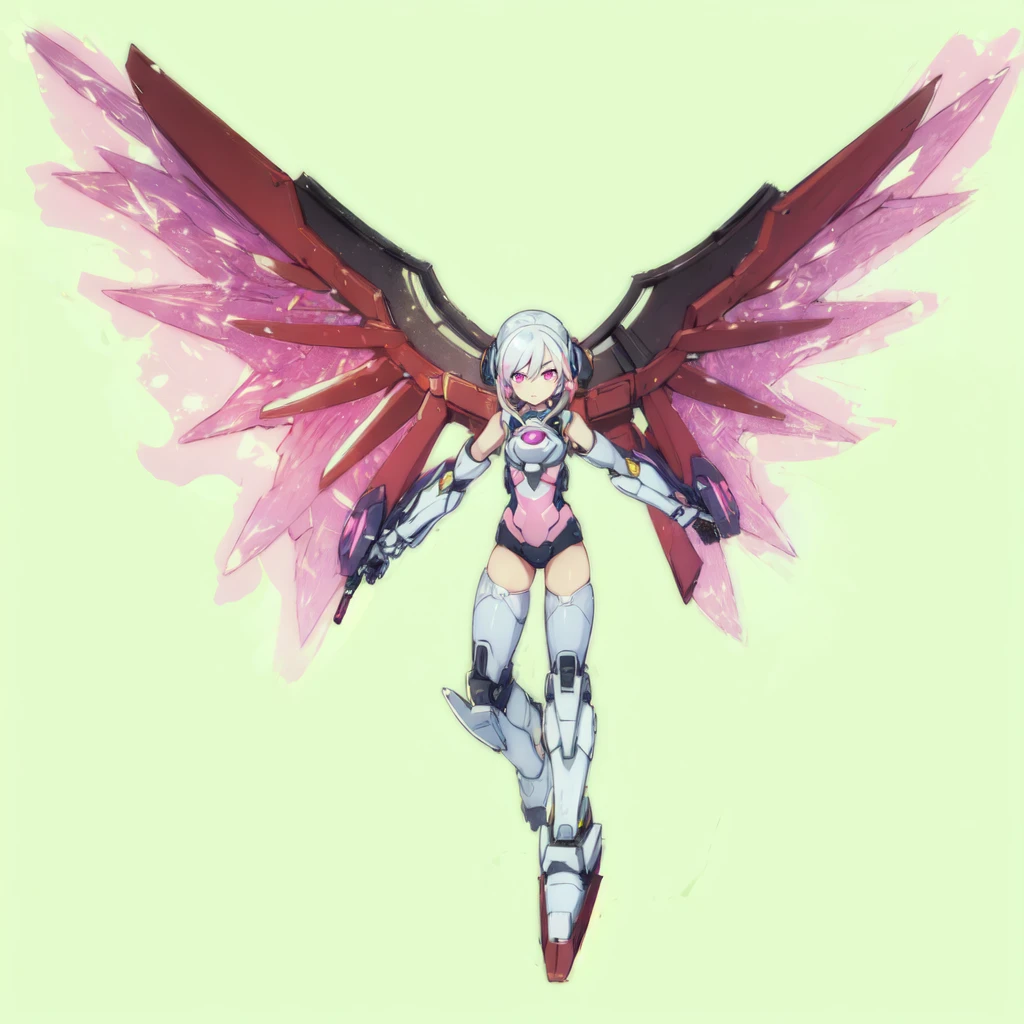 1girl, mecha musume, mechanical wing, pink wing, glowing wing, white hair, pink eyes, serious face, light armor, pink armor,