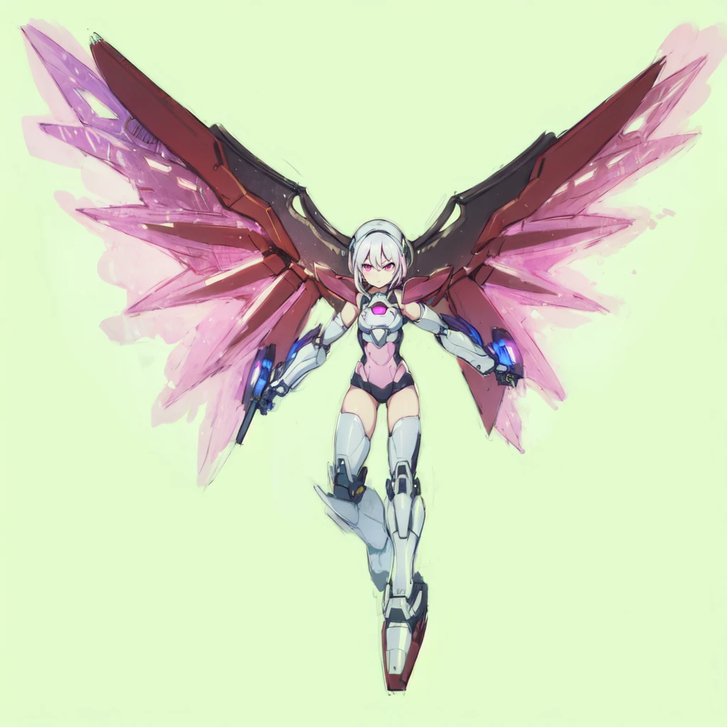1girl, mecha musume, mechanical wing, pink wing, glowing wing, white hair, pink eyes, serious face, light armor, pink armor,
