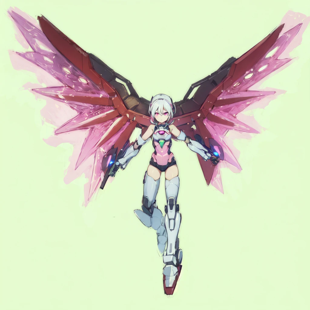 1girl, mecha musume, mechanical wing, pink wing, glowing wing, white hair, pink eyes, serious face, light armor, pink armor, 