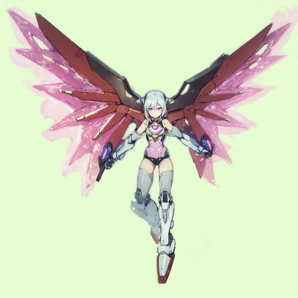 1girl, mecha musume, mechanical wing, pink wing, glowing wing, white hair, pink eyes, serious face, light armor, pink armor,