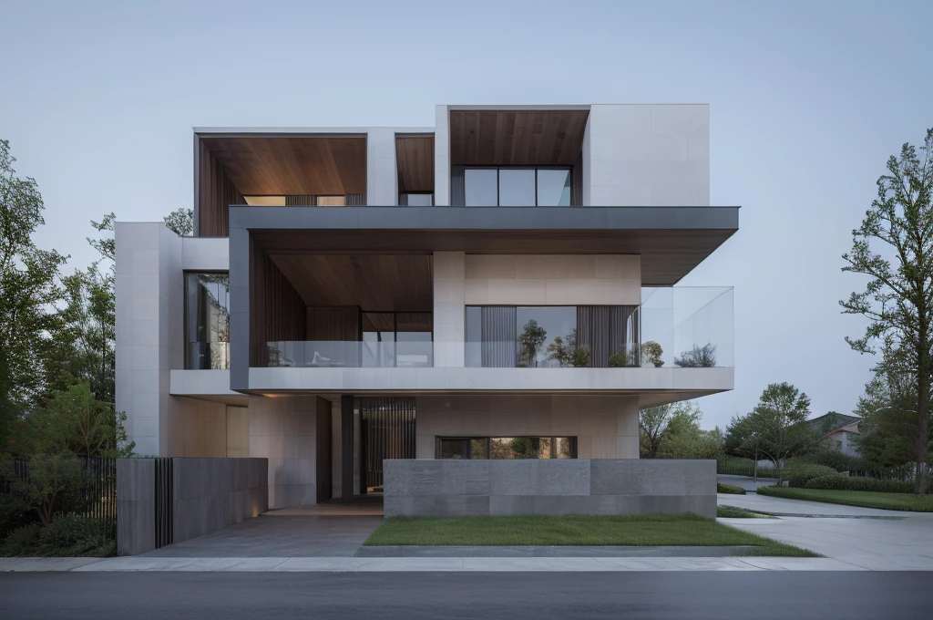 RAW photo, a photo of a modern villa with a car parked in front of it, ((1/2 dark grey wood facade)), architectural shot, gate, road, viet nam modern residence, rough white wall, new residential area, wide angle exterior 2022, contemporary house, exterior photography, masterpiece, contemporary architecture, sunshine, indirect lighting