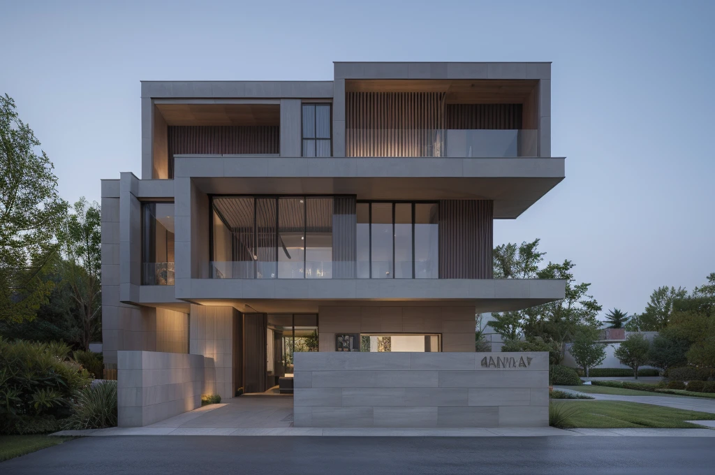 RAW photo, a photo of a modern villa with a car parked in front of it, ((1/2 dark grey wood facade)), architectural shot, gate, road, viet nam modern residence, rough white wall, new residential area, wide angle exterior 2022, contemporary house, exterior photography, masterpiece, contemporary architecture, sunshine, indirect lighting