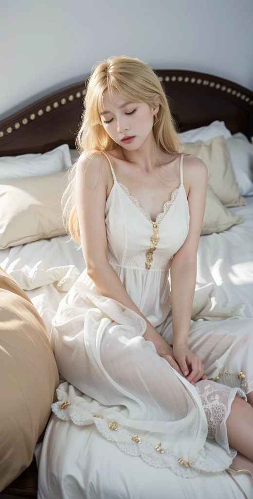 ((Masterpiece)), ((Best Quality)), 8K, HD, Super Detail, (Woman), (White dress studded with yellow gold rims), (Golden hair shawl scattered), (Expression closed eyes) (Sleeping in a bed 1.6) (Full Body Display 1.4) The artwork is a masterpiece, with the best quality and super detail, captured in 8K HD. Photographic realistic, realistic, very detailed illustrations realistic, octane rendering