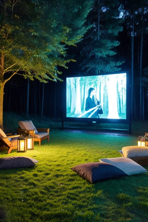 Outdoor Cinema Projector screen forest Stylish light up night