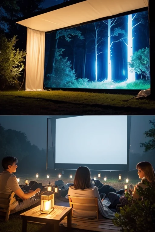 Outdoor Cinema Projector screen forest Stylish light up night