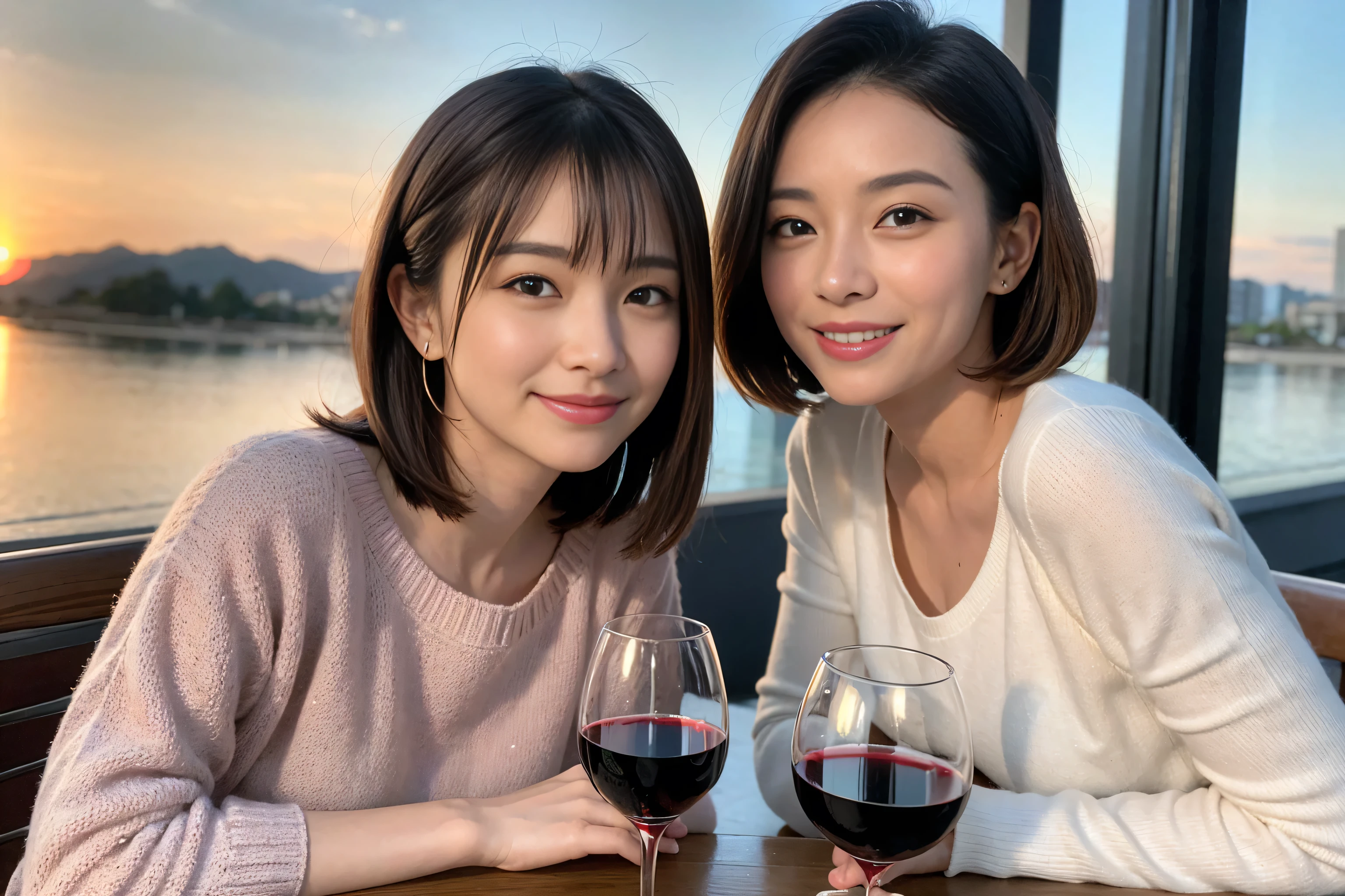 ((highest quality、8k、masterpiece:1.3))、 (Real, Genuine、Face carefully、Bright image、Intricate details:1.2), Best smile、1 male, 1 female、Beautiful couple、Lovers、Japanese couple、A gentle lover、actress、Supermodel、smile、full-course dinner、Pink long sweater: 1.1, Super Fine Face, Delicate eyes, double eyelid, smile, (Slim face), (the body is slim), (Brown Hair), (short hair), Wine glass on the table、Please put light on my face、 Amazing view of the sunset sky and clouds、 (42 years old), 39 years old, red wine 、Wine bottle、sparkling wine、Long sleeve shirt、dress、White wine, red wine, wine glass,