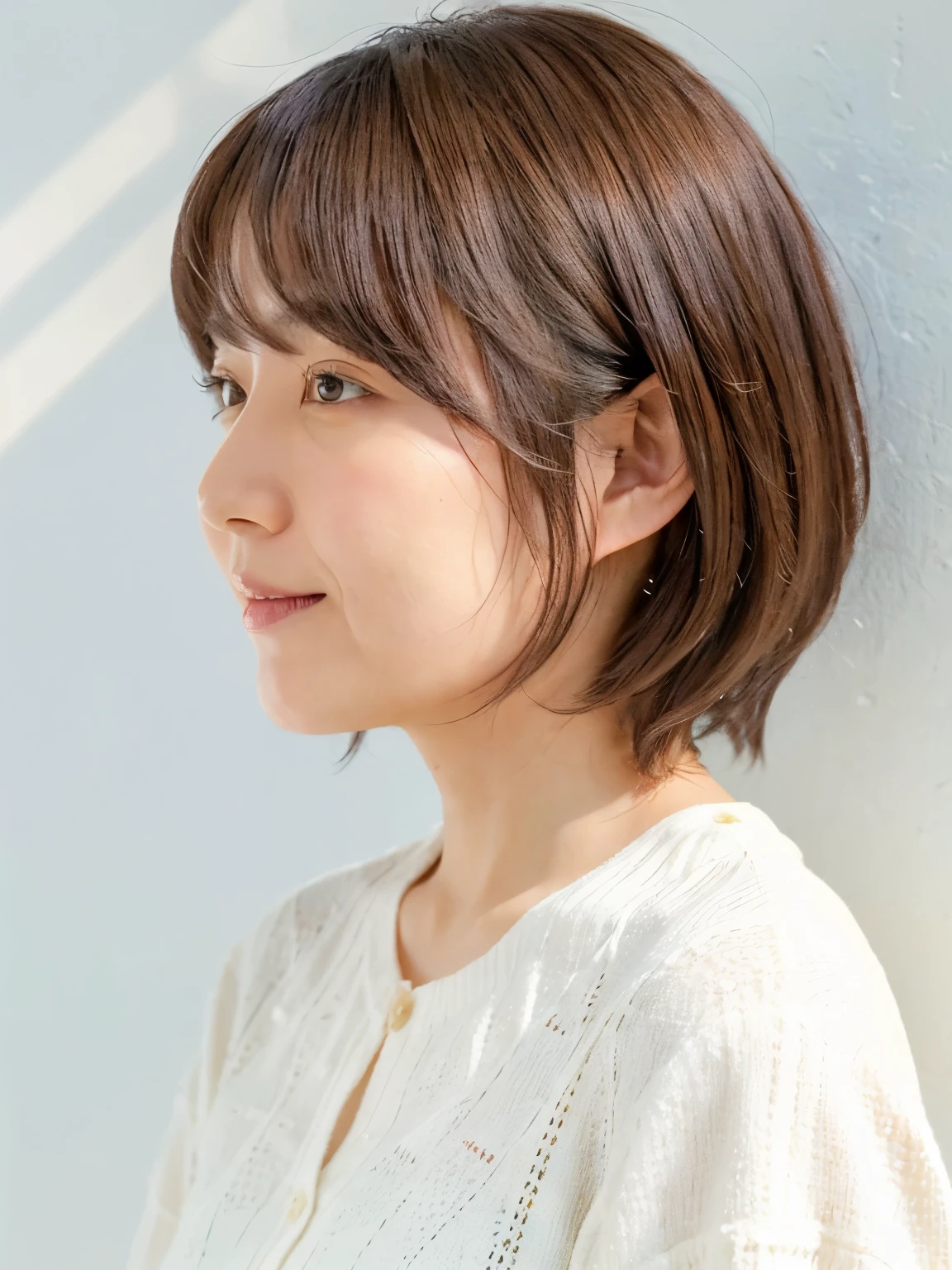 A slightly overweight Japanese woman in her 40s, Good wife, Cute Face, Detailed face, fine grain, Neat, Short sleeve white shirt, early summer, Fine weather, sunny, Photographed in front of a white wall, Portraiture、Photographed in natural light、Tabletop、cardigan、profile、Fluffy hair