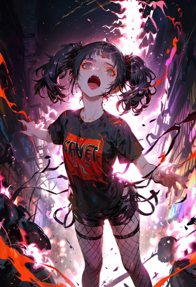 Dilated grey eyes,Fishnet stockings and black leather shorts,Black damaged T-shirt,Beautiful girl with black hair in twin tails, Realistic,The background is a neon street,Landmine makeup,Screaming