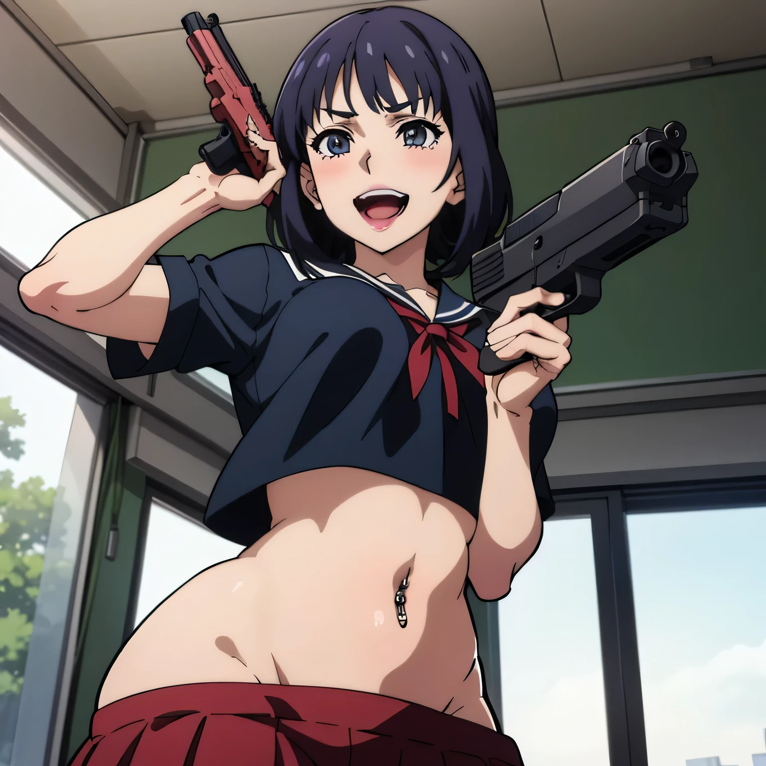 2girl, two girl, anime art, blush, lipstick, masterpiece, best quality, highly detailed, a anime girls in sailor uniforms with a gun posing for a picture,
evil smile, smile, open mouth,black_serafuku, ecchi anime style, anime girls , (nsfw) not safe for work,
ecchi style, ecchi, shipgirls, digital anime art!!, high school girls, holding a gun, hold a gun, anime style 4
k, micro skirt, exposed belly, exposed navel, exposed midriff,
exposed lower belly,school, classroom, navel piercing