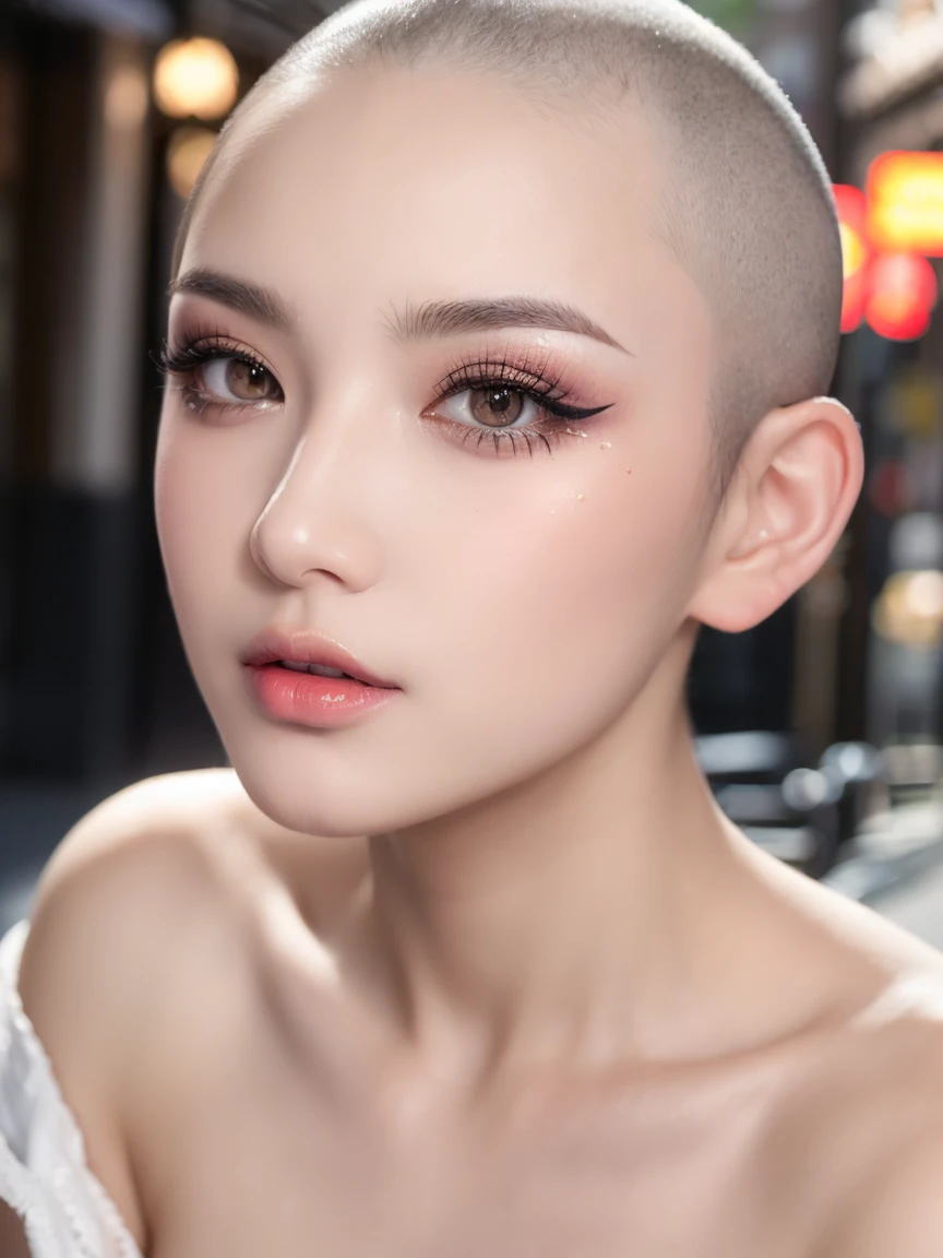 (Masterpiece, Best Quality:1.5), Illustration, Ultra-detailed, finely detail, Hight resolution, 8K Wallpaper, Perfect dynamic composition, cinematic lighting, portrait, looking at viewer, Beautiful detailed eyes, Sexy face, Perfect beautiful hands, Raw real photos, beautiful realistic face, beautiful face, perfect face, highly detailed beautiful face and eyes, attractive face, detailed face, delicate facial features, detailed skin, shiny skin, perfect anatomy, highly detailed background, BREAK, (Shaved head:1.4), (gyaru makeup, eyeshadow, lash extensions, lips:1.3), (main street:1.3)