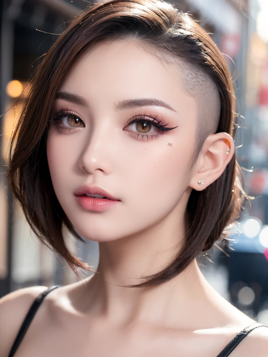 (Masterpiece, Best Quality:1.5), Illustration, Ultra-detailed, finely detail, Hight resolution, 8K Wallpaper, Perfect dynamic composition, cinematic lighting, portrait, looking at viewer, Beautiful detailed eyes, Sexy face, Perfect beautiful hands, Raw real photos, beautiful realistic face, beautiful face, perfect face, highly detailed beautiful face and eyes, attractive face, detailed face, delicate facial features, detailed skin, shiny skin, perfect anatomy, highly detailed background, BREAK, (Shaved head:1.4), (gyaru makeup, eyeshadow, lash extensions, lips:1.3), (main street:1.3)