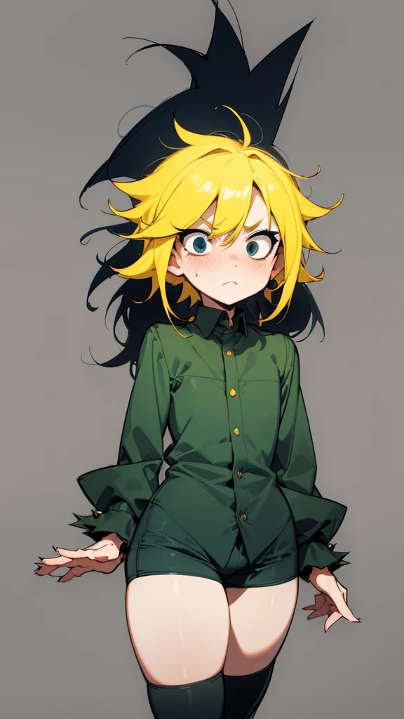 Tweek tweak, south park,(solo human male),1boy,solo,half body, lower body,widen eyes,creepy eyes,innocent wide eyes, short eyelashes, (scared, nervous expression), (golden yellow short hair, spiky hair, neon yellow hair),blush,femboy,frown, standing, eyebags, (scared), (medium length hair, shoulder-length hair:1.2), (navy green buttoned shirt, long sleeves, pants),bulge,flat chest,(flat colors, simple shading), (messy hair, rough messy hair, hair, spikey hair, fluffy hair),male solo, (short bangs, cut bangs), (messy spiky hair:1.1),thick thighs,wide thighs, wide , (large thighs, thick thighs, wide :1.1), thick body, wide ) curvy, (thick thighs:1.0),(surprised eyes),frown,light blush, (widen eyes, shrunken eyes:1.1), black eyes, (shota, small male, short, boy, solo male), (surprised eyes), absurdres, ultra-highres,best quality, solo, nice hands, perfect hands, curvy