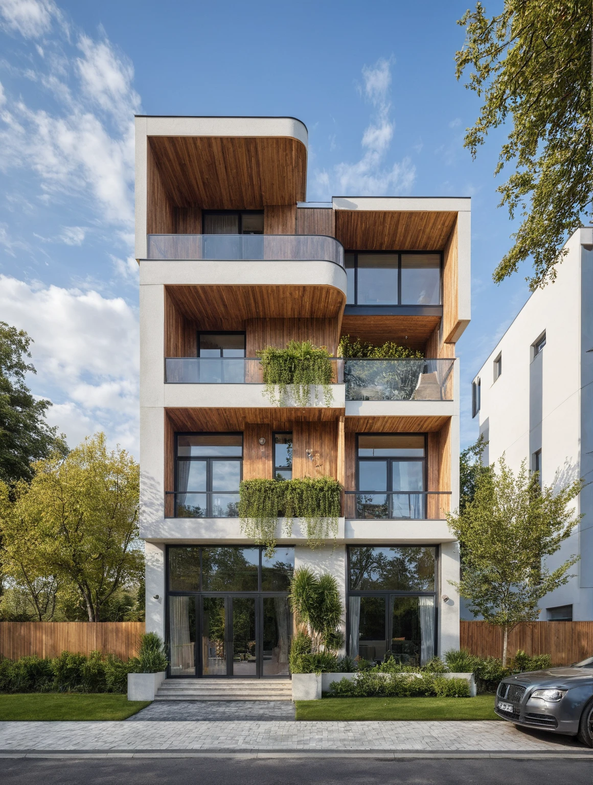 villa moderne, (style moderne:1.2), exterior design, vue de perspective, (block sidewalks and asphalt roads), (la maison du voisin d&#39;Beside), (jour light sky background), Arbres bas autour de la maison, atmosphère globalement paisible photo cinématographique, (L&#39;neutral lighting suitable for the modern villa, clear color thermometer sunlight 5500 KEVIN), Hyperrealistic art, professionnel, 8k, very detailed ï¼, (visualisation de la conception architecturale), (reflection), (se concentrer sur un objet), (material normal bump real reflection), (Scattered light), (hidden light) (rayon de lumière), (lumière multifaisceaux), (rayon de soleil) (multi-level reflection), (rendu de visualisation du logiciel corona:1.2),(((Best quality))), ((chef-d&#39;artwork)), ((meilleure illustration)), ((meilleures ombres)), ((Great detail)), (Lignes complexes), (photorealism),(hyper detail), ((archaic)), ((Award-winning design)), (dynamic light), ((jour)), (Lumière parfaite), (Shimmering light), ((photorealistic)), ((complex detail)), ((extreme detail)), ((science)), ((hyper-detail)), ((Great detail)), ((super realistic)), ((Crazy Detail)), ((rendu d&#39;octane)), ((cinematic)), ((tendance sur artstation)), ((High fidelity)), ((video)), ((croustillant)), ((Brillant)), ((Superbe)), ((Attrayant)), ((High quality)),((pointu))((Brillant)), ((Superbe)), naturel, ((Attrayant)), ((Enlightening)), ((impeccable)), ((High quality)),((pointu edge render)), ((moderately soft lighting)), ((rendu photographique)), ((detailed archiving)), {real environment|spring adjustment|espace de style tropical}