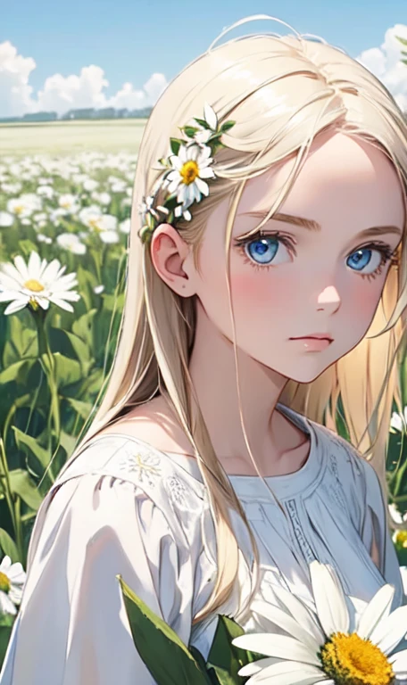 1 Girl,In a field of flowers,White flowers,looking at the audience,blue eyes,Blonde Hair,daisy,long hair,Plain white dress,