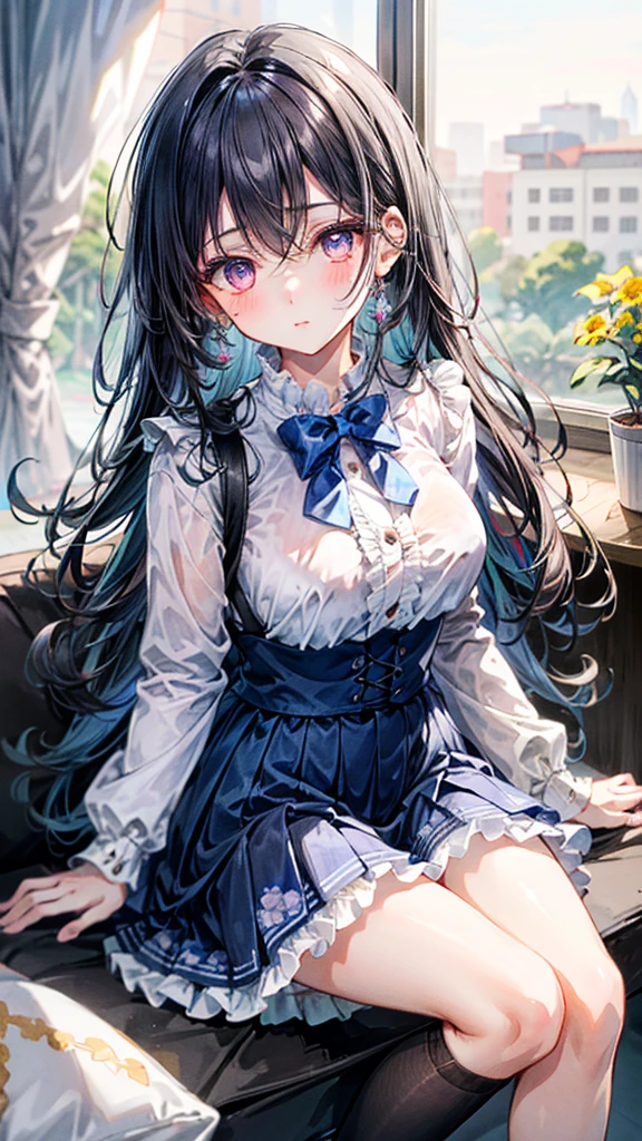 (Best quality, 8k, 32k, Masterpiece, UHD,:1.2),RAW, human, 1girl,ultra cute , ultra cute, natural lighting,transparent shining eyes, 20yo,medium breast ,femur, fair complexion , flushed face, a knee-length, lavender color full skirted dress featuring a delicate floral print , BREAK, Layer with a ruffled petticoat 