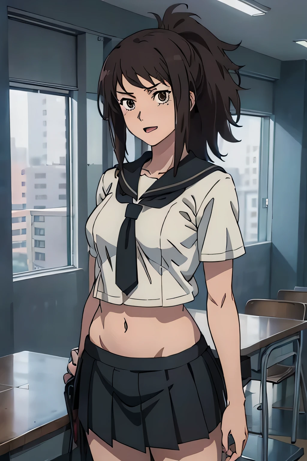 Tendou, black hair, suit, ponytail, bangs,  brown eyes, sidelocks, standing, masterpiece, best quality, highly detailed, a anime girls in sailor uniforms with a gun posing for a picture,
evil smile, smile, open mouth,black_serafuku, ecchi anime style, anime girls , (nsfw) not safe for work,
ecchi style, ecchi, shipgirls, digital anime art!!, high school girls, in anime style, official artwork, beautiful
anime high school girl, anime style 4 k, micro skirt, exposed belly, exposed navel, exposed midriff,
exposed lower belly,school, classroom, 