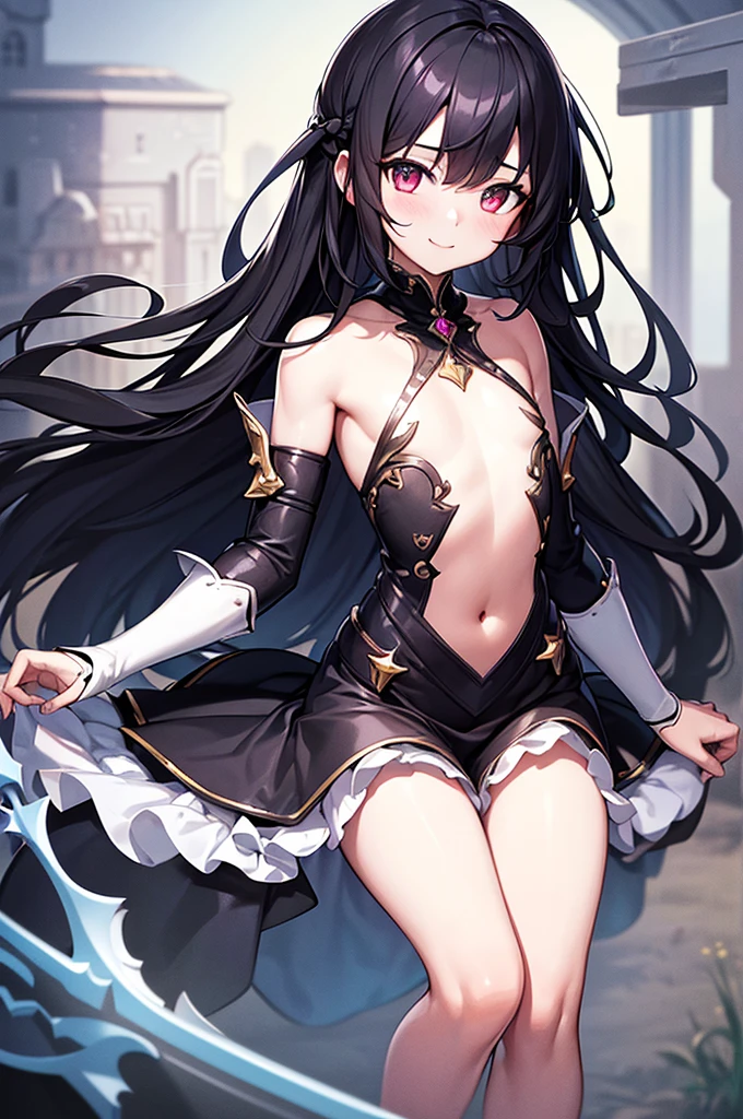 official art, Best Quality, ultra-detailed, high resolution, unity 8k wallpaper, extremely detailed CG, white skin, bitter smile, cute face, 12 years old, cute girl, Beautiful black hair, beautiful eyes, flat chest, small build, minimum, No muscles, gothic, magical girl, little naughty