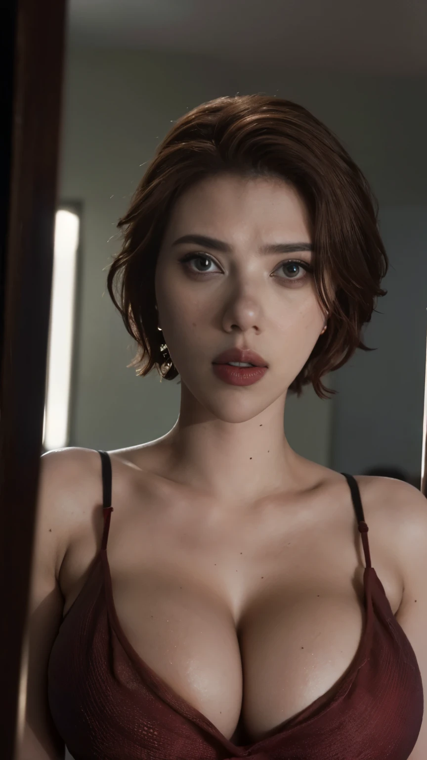 top Quority，Ultra-clear resolution,     ((Scarlett Johansson)).   slender abs:1.2.   ((big breasts:1.7)).  Make-up face. Red lipstick.   ((short Brown hair)). 

((Tank top)),   Just showing his face.     pretty face.     captivating.     make-up face.   and lips with lipstick.     ((in front of the make-up mirror))