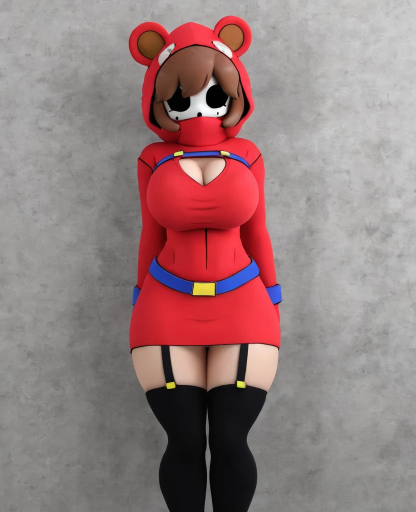 (Best quality, Meisterwerk1.2), 1 girl, Allein, menschlich, Abonnieren, (Frieden), brown body, Zylinder, Bear ears, Socks, Frau, roter Kapuzenpullover, Blaue Augen, sexy, Detaillierte, extreme Detailliertheit, Perfekte Beleuchtung, 4k, Kapuze runter, Shygal, red hoodie, human, cleavage, mask, black eyes, no pupils,