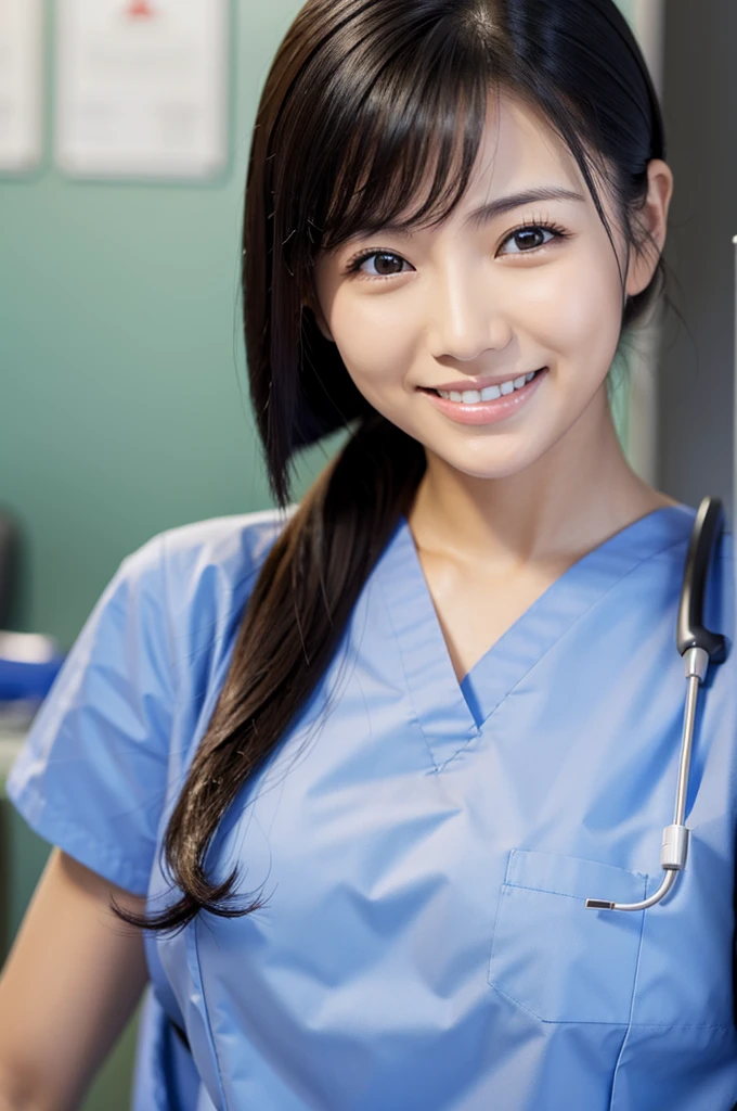 Dental hygienist woman２People only, smiling, wearing medical scrubs, short sleeves, cute, Japanese, black hair, 20s　Upper body close-up　high resolution　highest quality