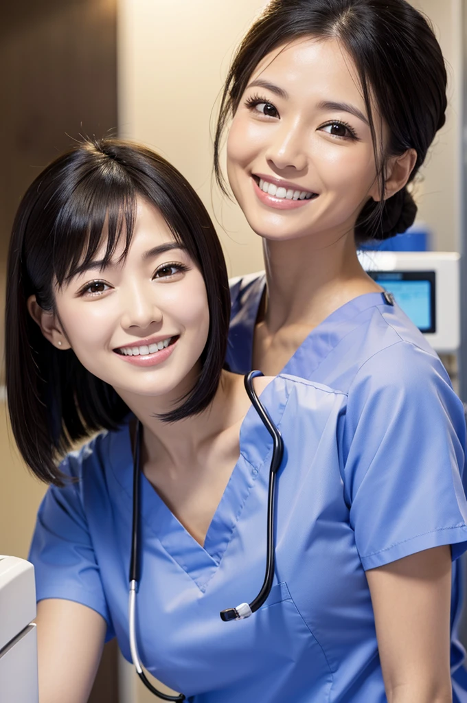 Dental hygienist woman２People only, smiling, wearing medical scrubs, short sleeves, cute, Japanese, black hair, 20s　Upper body close-up　high resolution　highest quality