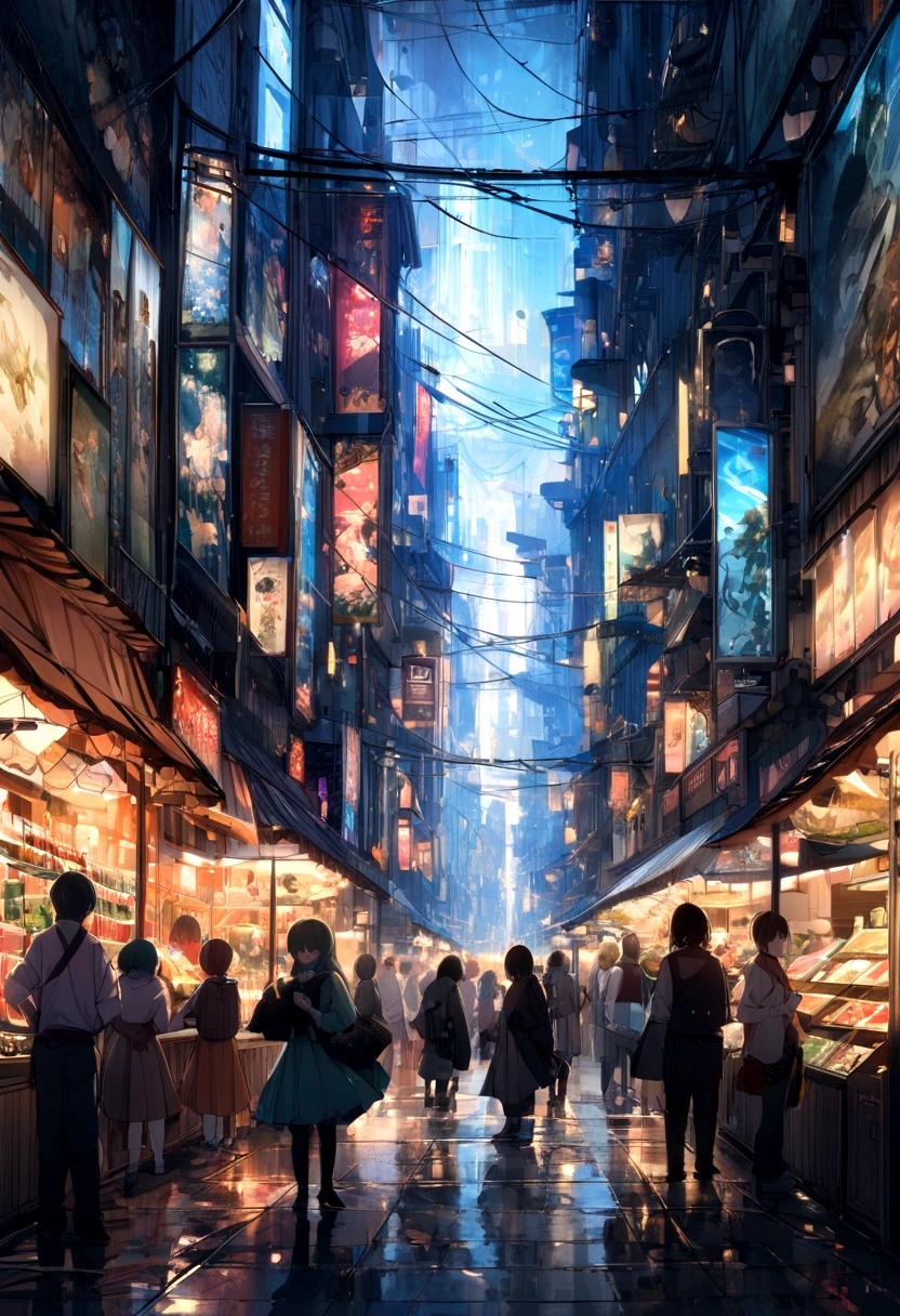 Hatsune Miku checking currency information in the middle of a bustling market、The tension among the traders around me、The painting depicts the atmosphere of a busy marketplace with the Tokyo nightscape as a backdrop.。Effective use of shadow and light、The tension of the scene is expressed。