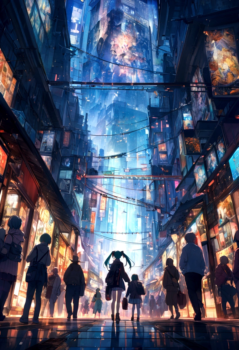 Hatsune Miku checking currency information in the middle of a bustling market、The tension among the traders around me、The painting depicts the atmosphere of a busy marketplace with the Tokyo nightscape as a backdrop.。Effective use of shadow and light、The tension of the scene is expressed。