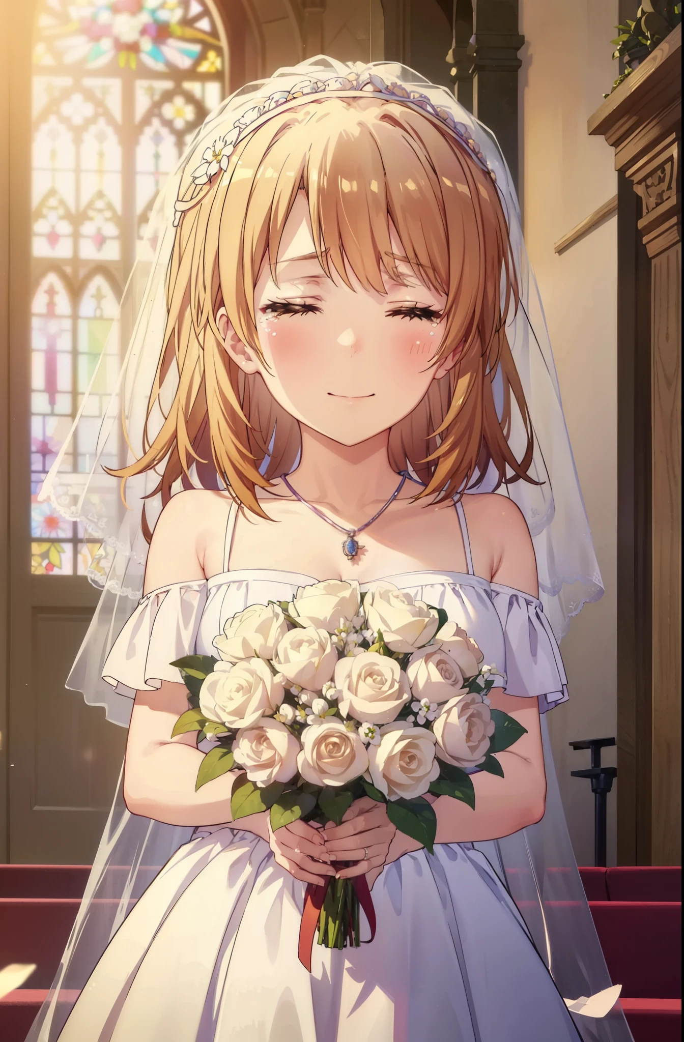 irohaisshiki, iroha isshiki, Long Hair, Brown Hair, Open your mouth,smile,Happy atmosphere,Close your eyes and cry,Tears running down her face,Tears of joy,blush,smile,Large pale stained glass,Light of the sun,Chapel,marriage,church,Off the shoulder,pendant,Wedding dress,Veil,Wedding Skirts,bouquet,bouquetトス,Holding a big bouquet in both hands,Happy atmosphere,Hanabubuki,marriage式, break indoors, Chapel, church,
break (masterpiece:1.2), highest quality, High resolution, unity 8k wallpaper, (shape:0.8), (Highly detailed face, Perfect lighting, Highly detailed CG, (Perfect hands, Perfect Anatomy),