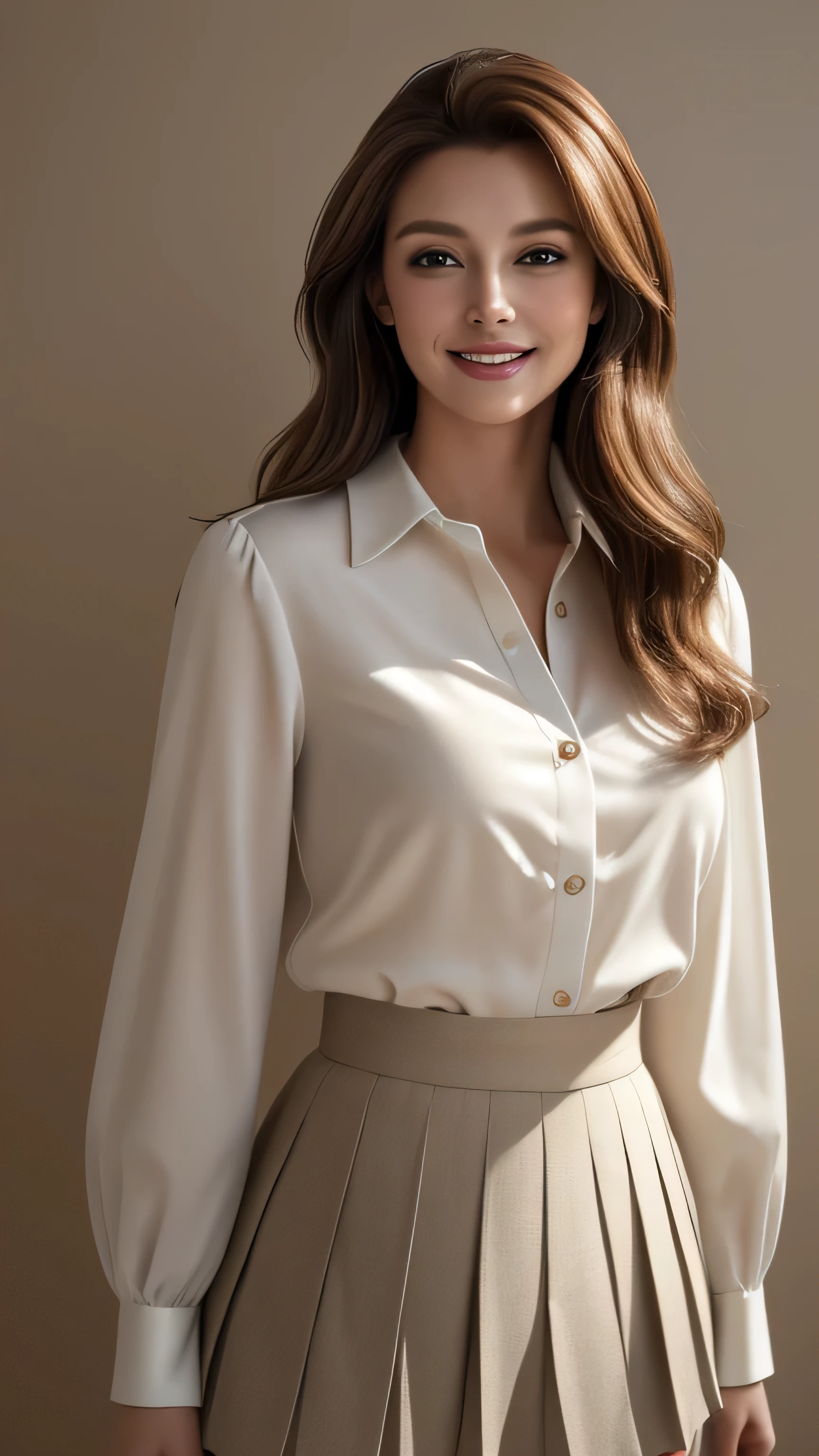 masterpiece, highest quality, Realistic, Super detailed, In detail, High resolution, 8k wallpaper, 1. Beautiful Women, Light brown hair, Sharp focus, Perfect dynamic composition, Beautiful fine details, Fine hair, Detailed and realistic skin texture, smile, Portraiture, Model Body Type,white long sleeve button up blouse_brown pleated mini skirt、full body portrait