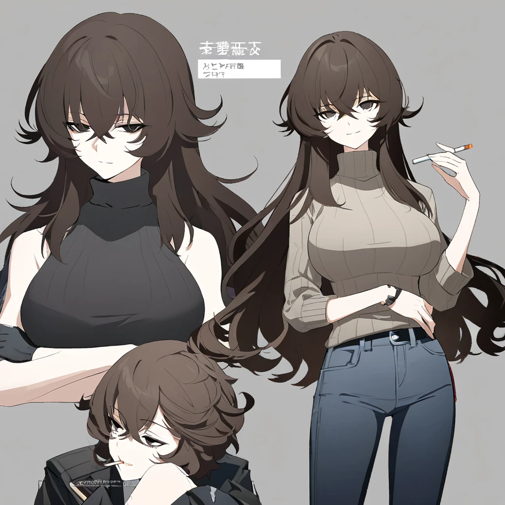 One Woman,Downer,older sister,Concept Art,Dark brown hair,Straight hair with slight inward curls,Staring eyes,Eye Ridge,black eye,Crossed bangs,whole body,smile,Larger breasts,Gray background,Bangs that reach down to the eyes,Messy hair,Perfect dark jeans,Light brown turtleneck sweater,Multiple views of the same character,Character Design,Dark circles under the eyes,Bad look,Listless,Sloppy,accessories,Arknights Wind,Cafe staff,Holding a cigarette,whole bodyCharacter Design,Detailed hands,