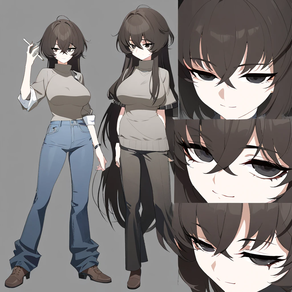 One Woman,Downer,older sister,Concept Art,Dark brown hair,Straight hair with slight inward curls,Staring eyes,Eye Ridge,black eye,Crossed bangs,whole body,smile,Larger breasts,Gray background,Bangs that reach down to the eyes,Messy hair,Perfect dark jeans,Light brown turtleneck sweater,Multiple views of the same character,Character Design,Dark circles under the eyes,Bad look,Listless,Sloppy,accessories,Arknights Wind,Cafe staff,Holding a cigarette,whole bodyCharacter Design,Detailed hands,