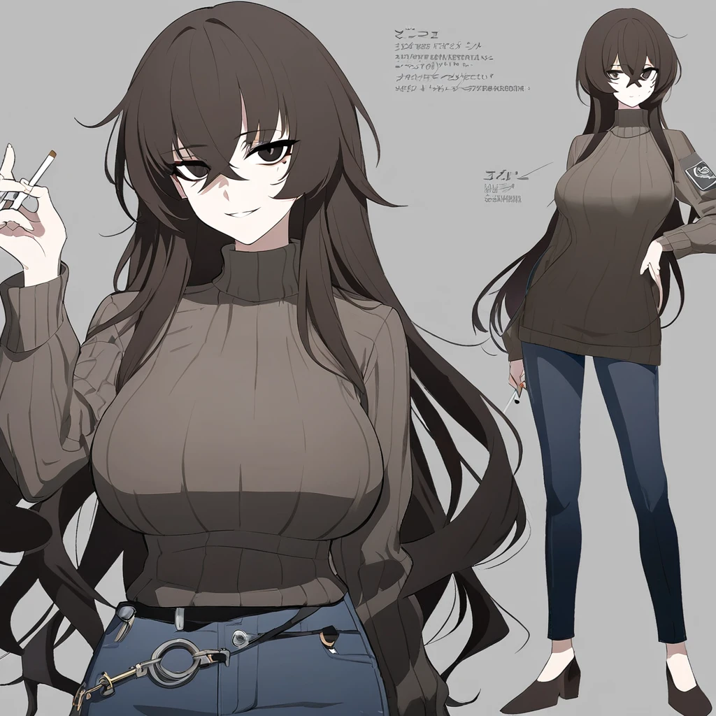 One Woman,Downer,older sister,Concept Art,Dark brown hair,Straight hair with slight inward curls,Staring eyes,Eye Ridge,black eye,Crossed bangs,whole body,smile,Larger breasts,Gray background,Bangs that reach down to the eyes,Messy hair,Perfect dark jeans,Light brown turtleneck sweater,Multiple views of the same character,Character Design,Dark circles under the eyes,Bad look,Listless,Sloppy,accessories,Arknights Wind,Cafe staff,Holding a cigarette,whole bodyCharacter Design,Detailed hands,