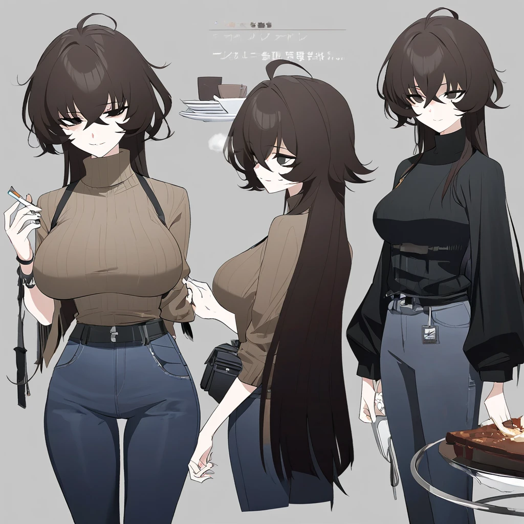 One Woman,Downer,older sister,Concept Art,Dark brown hair,Straight hair with slight inward curls,Staring eyes,Eye Ridge,black eye,Crossed bangs,whole body,smile,Larger breasts,Gray background,Bangs that reach down to the eyes,Messy hair,Perfect dark jeans,Light brown turtleneck sweater,Multiple views of the same character,Character Design,Dark circles under the eyes,Bad look,Listless,Sloppy,accessories,Arknights Wind,Cafe staff,Holding a cigarette,whole bodyCharacter Design,Detailed hands,