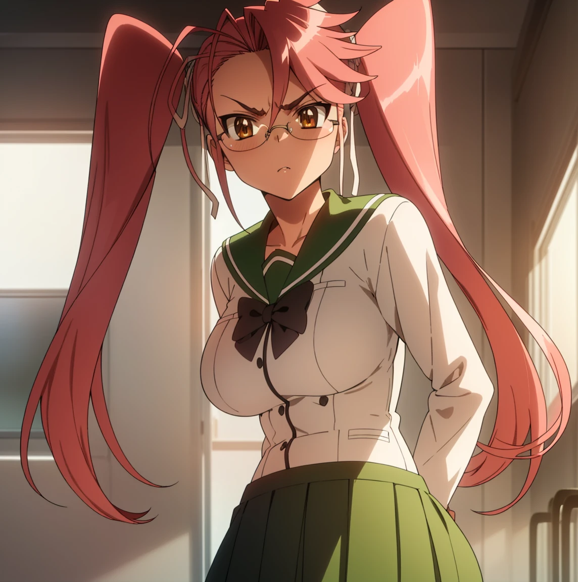 1 girl, alone, saya takagi, long hair, ribbon, two pigtails, (brown eyes: 1.5), hair ribbon, pink hair, glasses, skirt, shirt, white shirt, pleated skirt, collared shirt, neckline, sweater , gray skirt, ribbon, red ribbon, black sweater, looking at viewer, standing, leaning forward, arms behind back, angry, pov(from below), indoors, classroom, large breasts, medium waist, wide hips, medium thighs, round butt, (masterpiece: 1.2), best quality, high resolution, unity 8k wallpaper, (illustration: 0.8), ( beautiful detailed eyes: 1.6), extremely detailed face, perfect lighting, CG extremely detailed (perfect hands, perfect anatomy),