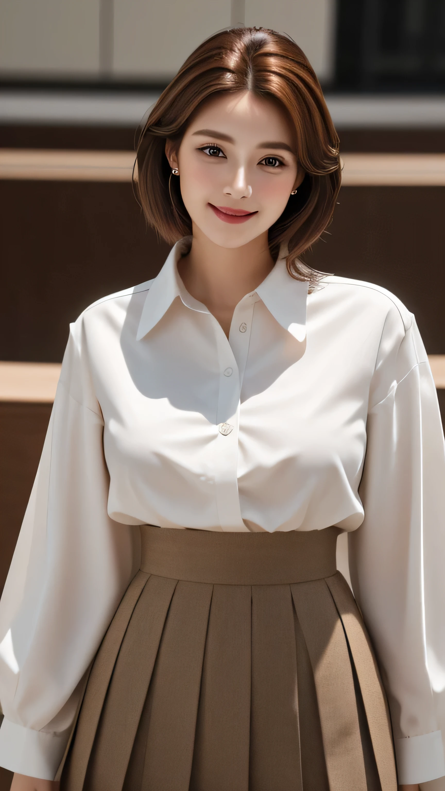 masterpiece, highest quality, Realistic, Super detailed, In detail, High resolution, 8k wallpaper, 1. Beautiful Women, Light brown hair, Sharp focus, Perfect dynamic composition, Beautiful fine details, Fine hair, Detailed and realistic skin texture, smile, Portraiture, Model Body Type,white long sleeve button up blouse_brown pleated mini skirt、full body portrait、look down at the viewer,from below