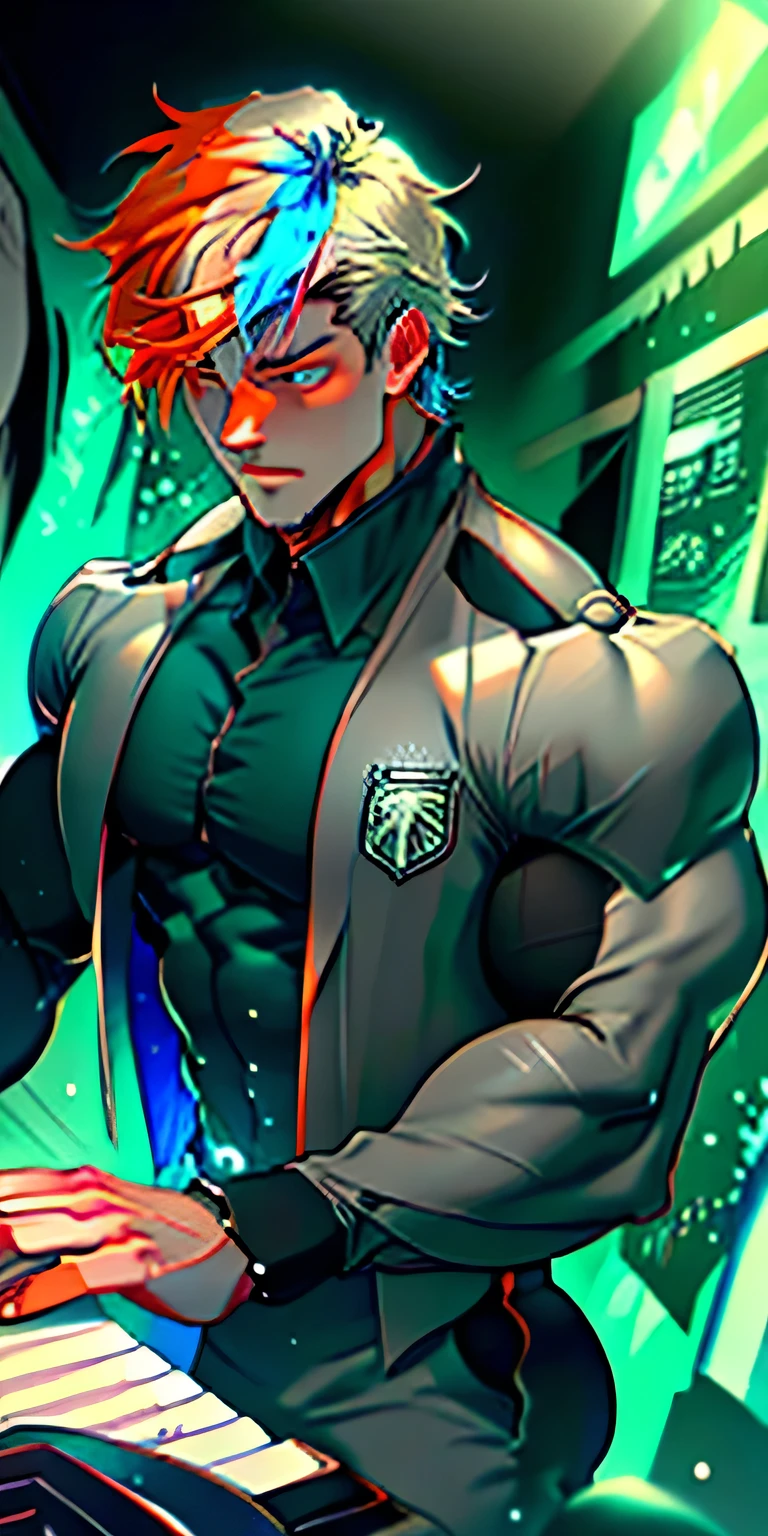 (masterpiece, best quality), 2 boy, young man,musculous, short green/blue/orangehair, Dark gray eyes, complex, (dress room), full bodyesbian, White baseball uniform, Open silver jacket, Pectoralis abdominal muscles,vivd colour,(depth of fields:1.2),(abs),,looking at viewert,A piano