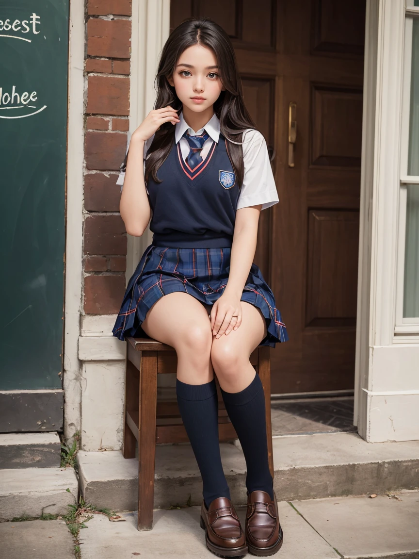 (Masterpiece, Best Quality:1.5), (stunning school girl:1.5), the most beautiful school girl in the world, full body, highly detailed beautiful face and eyes, loving look, school tie, knee length pleated skirt, tartan check skirt, school knee-high socks, loafers.