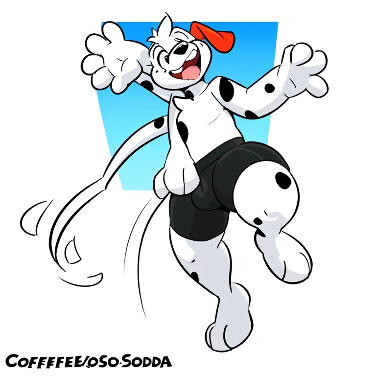 uploaded on e621, white female anthro Dalmatian, uploaded to e621, ((by Jon MCclenahan, by supercartoonist in devianart, by Dan Hassket, by Coffeesoda, by Supercartoonist, by Dan Hassket )), has thick thighs, wearing black swimming shorts, jumping like Mega man, high quality, crisp