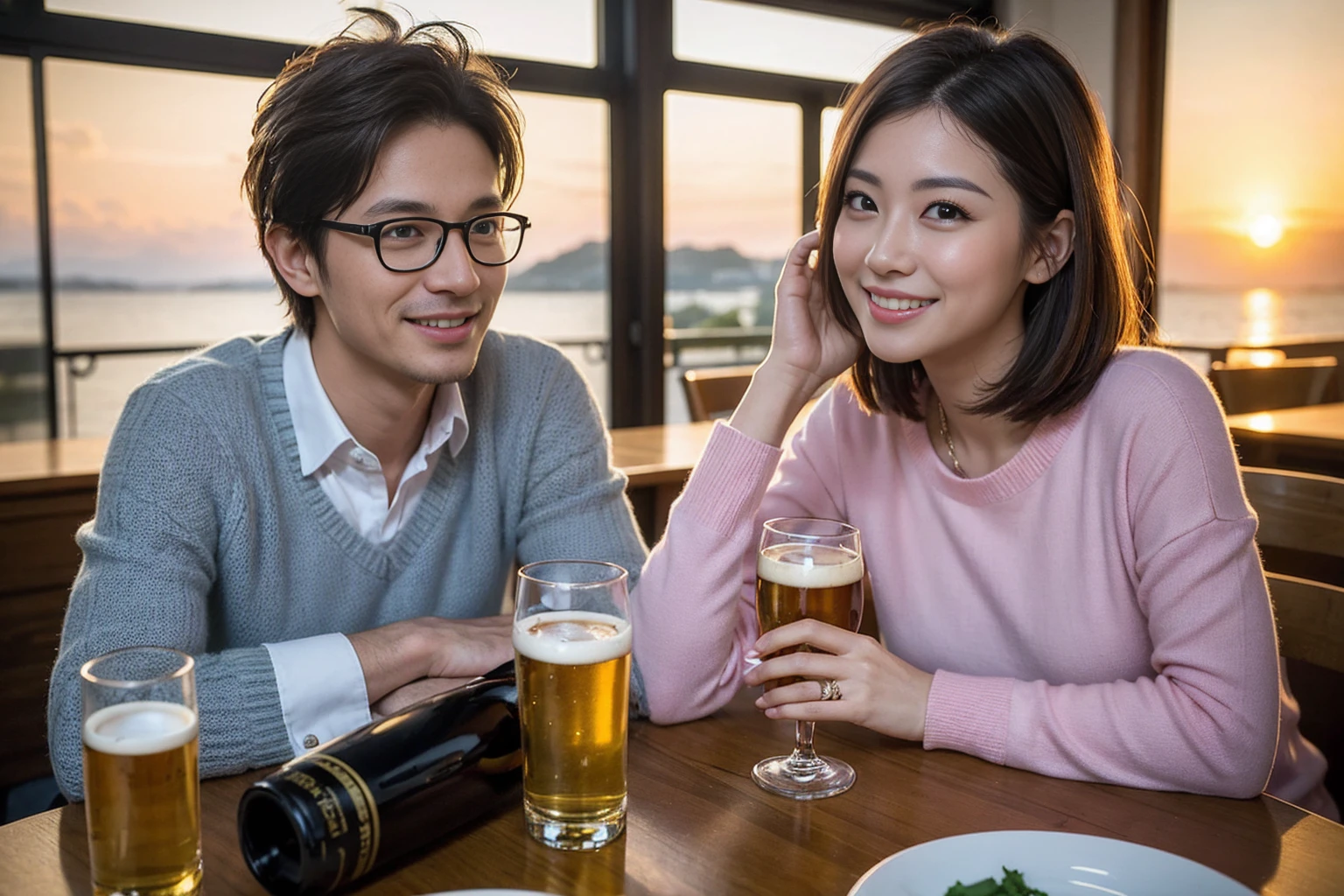 ((highest quality、8k、masterpiece:1.3))、 (Real, Genuine、Face carefully、Bright image、Intricate details:1.2), 最高のsmile、1 male, 1 female、Beautiful couple、Lovers、Japanese couple、A gentle lover、actress、model、smile、full-course dinner、Pink Sweater, Super Fine Face, Delicate eyes, double eyelid, (Slim face), (the body is slim), (Brown Hair), (short hair), Wine glasses on the table、Please put light on my face、 Amazing view of the sunset sky and clouds、 (42 years old), 39 years old, Long sleeve shirt、dress、Japanese sake,Junmai Ginjo,Sake Glass, Shochu、Beer glasses