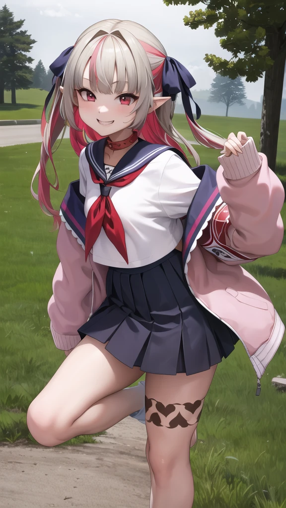 masterpiece, best quality, highres, ccrrm, long hair, two side up, hair ribbon, black ribbon, red collar, sailor collar, red neckerchief, serafuku, white shirt, pink jacket, sleeves past wrists, armband, open clothes, off shoulder, pleated skirt, leg tattoo, outdoors, cowbow shot, smile