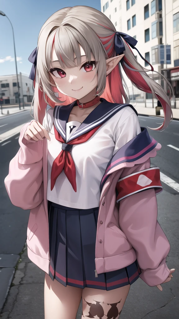 masterpiece, best quality, highres, ccrrm, long hair, two side up, hair ribbon, black ribbon, red collar, sailor collar, red neckerchief, serafuku, white shirt, pink jacket, sleeves past wrists, armband, open clothes, off shoulder, pleated skirt, leg tattoo, outdoors, cowbow shot, smile