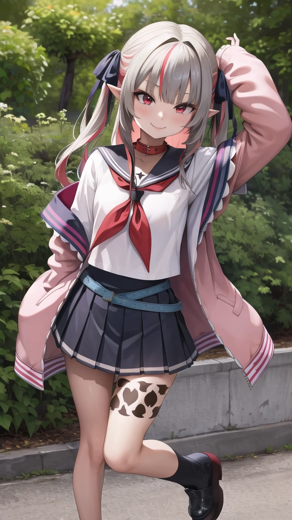 masterpiece, best quality, highres, ccrrm, long hair, two side up, hair ribbon, black ribbon, red collar, sailor collar, red neckerchief, serafuku, white shirt, pink jacket, sleeves past wrists, armband, open clothes, off shoulder, pleated skirt, leg tattoo, outdoors, cowbow shot, smile