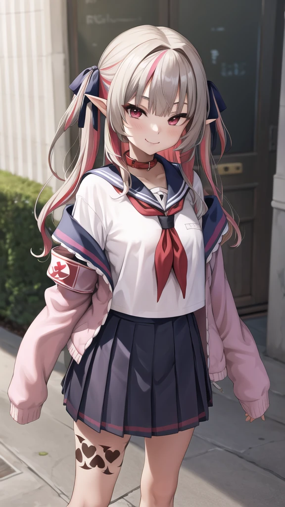 masterpiece, best quality, highres, ccrrm, long hair, two side up, hair ribbon, black ribbon, red collar, sailor collar, red neckerchief, serafuku, white shirt, pink jacket, sleeves past wrists, armband, open clothes, off shoulder, pleated skirt, leg tattoo, outdoors, cowbow shot, smile